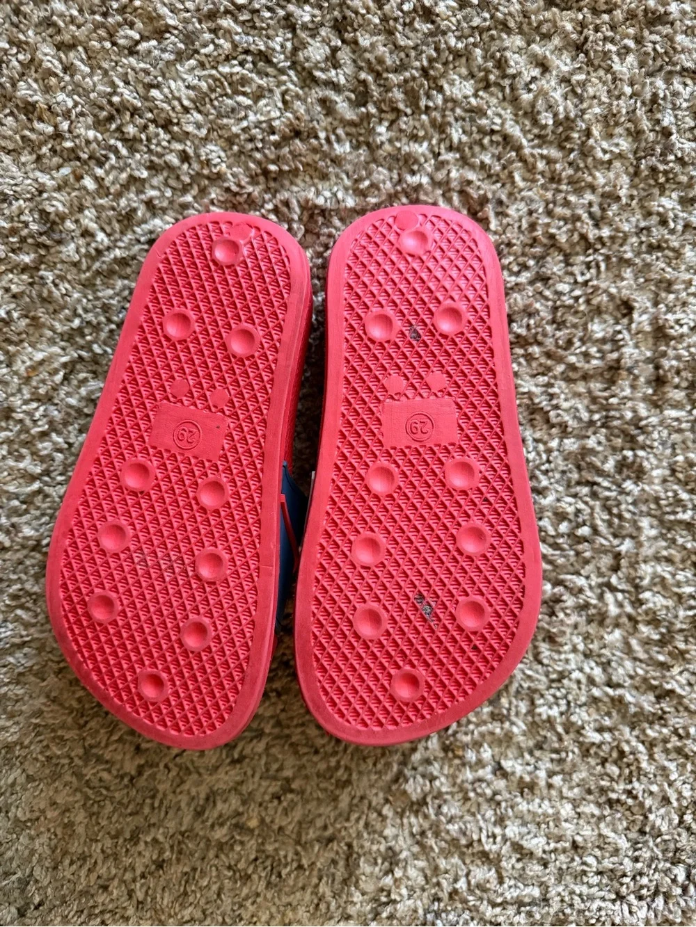 Red Slide Sandals with Navy Strap and Graphic